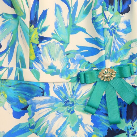 Joseph Ribkoff Holiday Party Designer Sheath Dress White and Blue Tropical - Picture 9 of 16